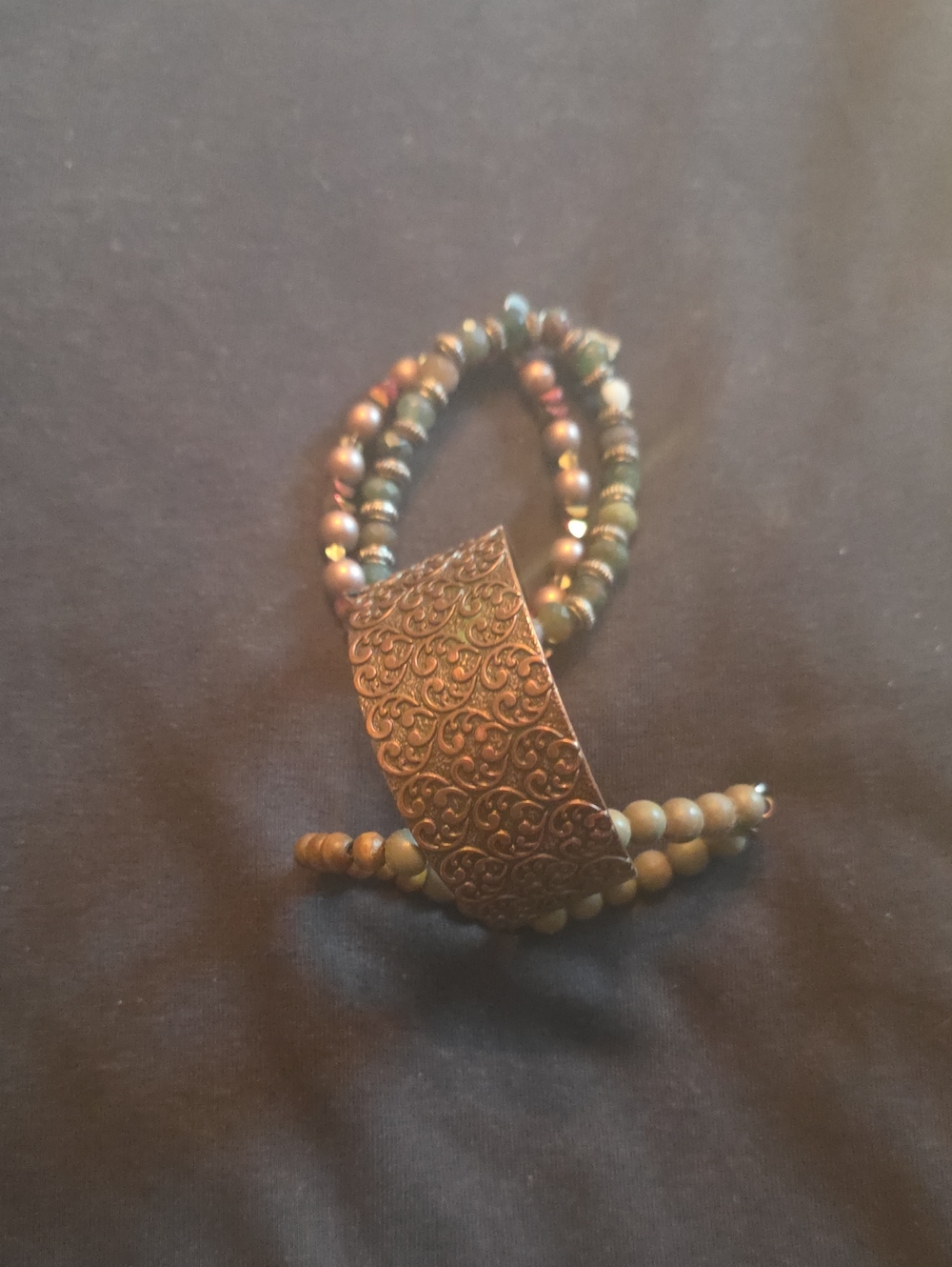 Boho Multistrand Beaded Bracelet with Embossed Metal Cuff - Green Brown